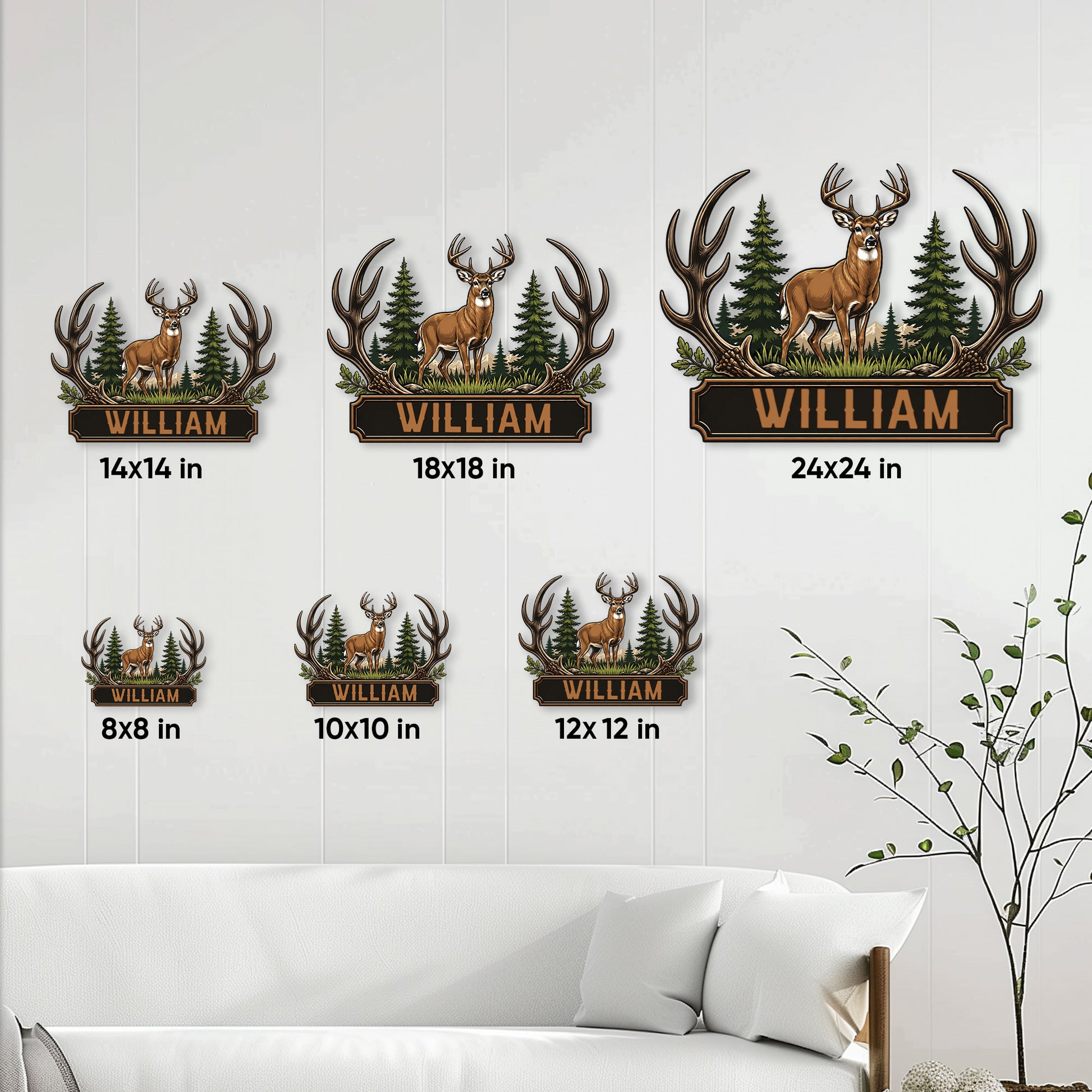 Hunting metal sign size guide showing six available sizes from 8x8 to 24x24 inches