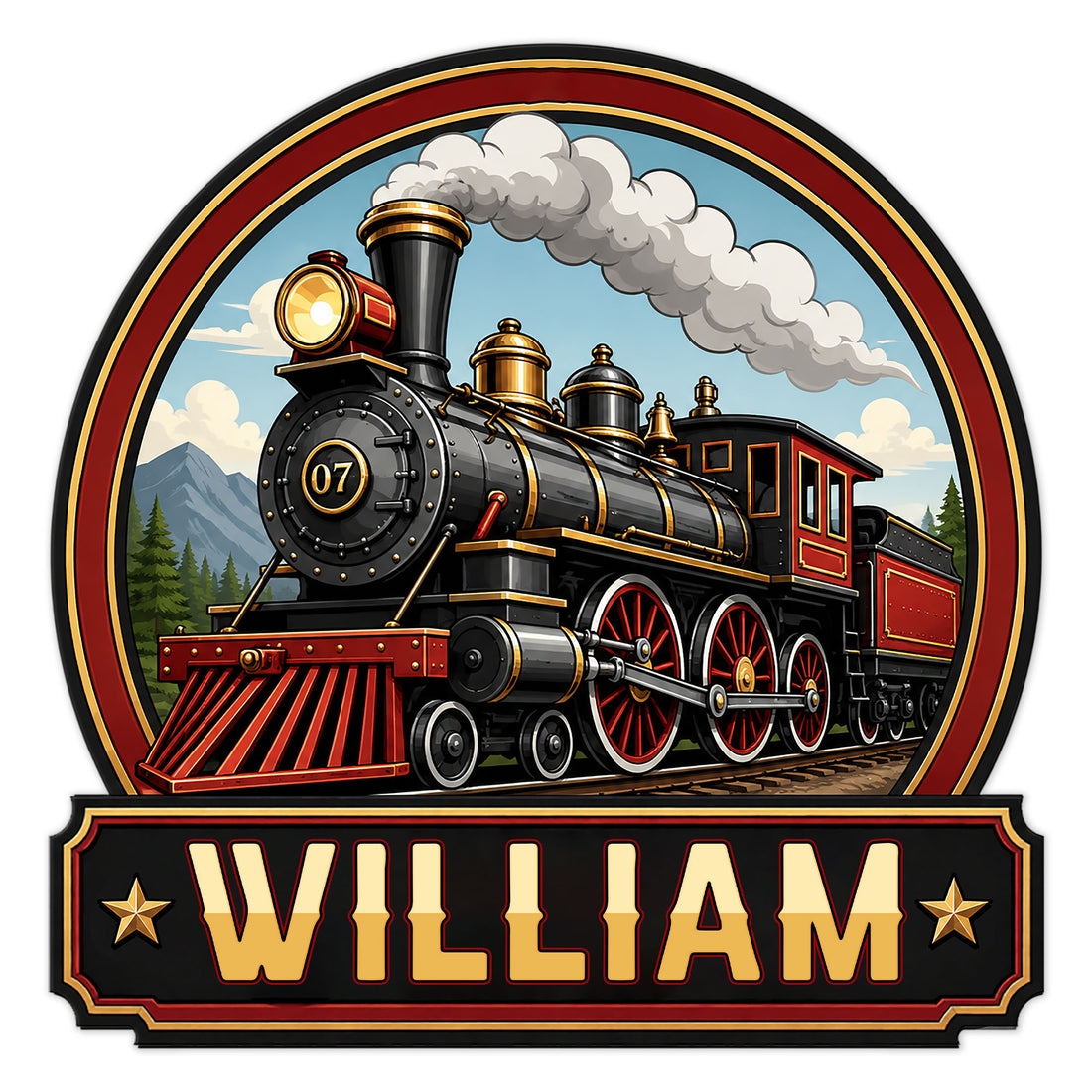 Custom railroader metal sign featuring a detailed vintage steam locomotive in a bold red, black, and gold design