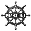 Nautical ship wheel metal sign with a bold black-and-silver helm design