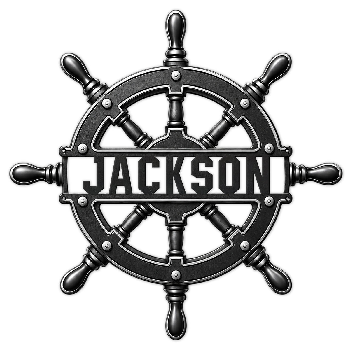 Nautical ship wheel metal sign with a bold black-and-silver helm design