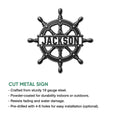 Nautical ship wheel metal sign product graphic highlighting its cut-metal design