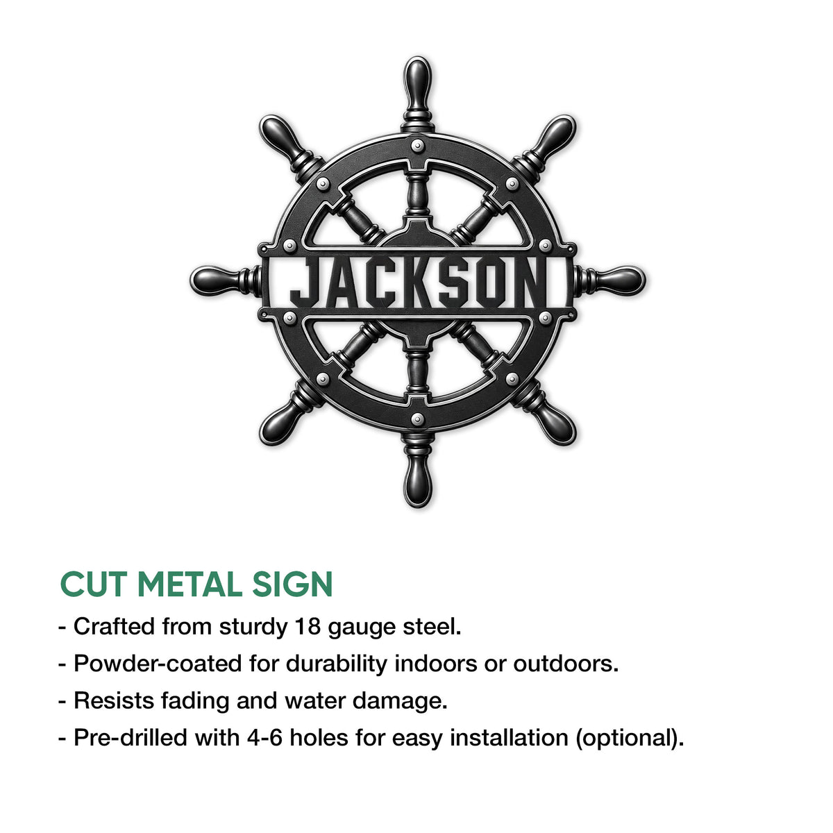 Nautical ship wheel metal sign product graphic highlighting its cut-metal design