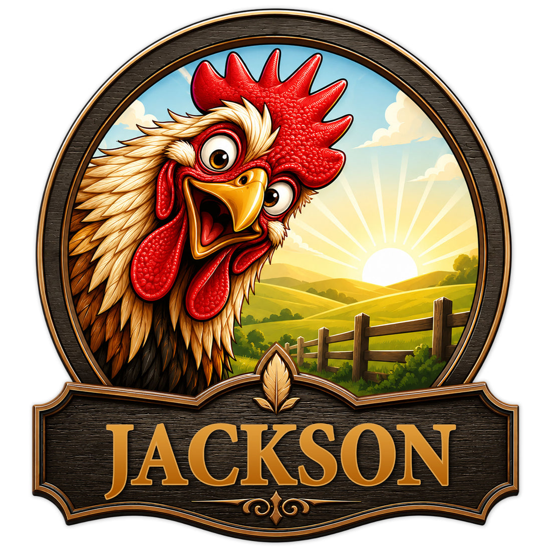 Custom chicken metal sign featuring a colorful rooster in a sunny farm landscape with decorative rustic framing