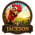 Custom chicken metal sign featuring a colorful rooster in a sunny farm landscape with decorative rustic framing