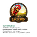 Chicken metal sign product feature showing a colorful rooster farm design and cut metal sign presentation