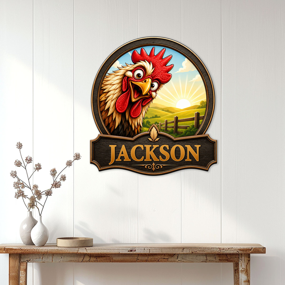 Custom rooster metal sign displayed on a white paneled wall above a rustic console table