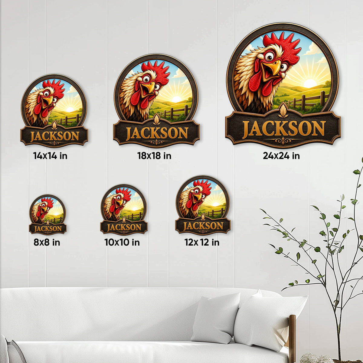 Chicken metal sign size guide showing available square sizes from 8 by 8 to 24 by 24 inches