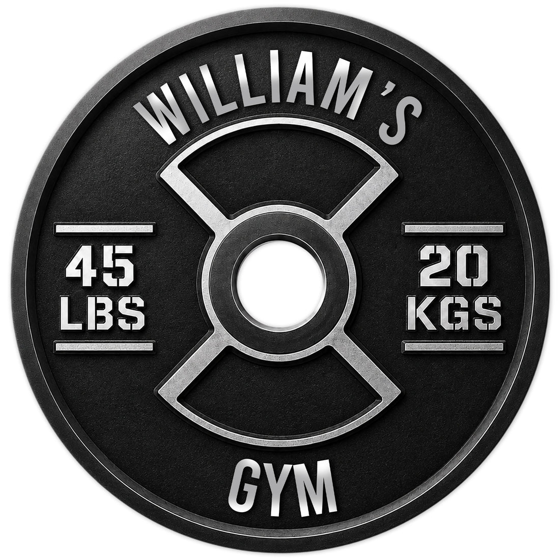 Custom gym weight plate metal sign with black and silver design for strength training wall decor