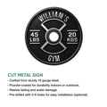 Gym weight plate sign shown with raised-style lettering, weight markings, and cut metal sign features