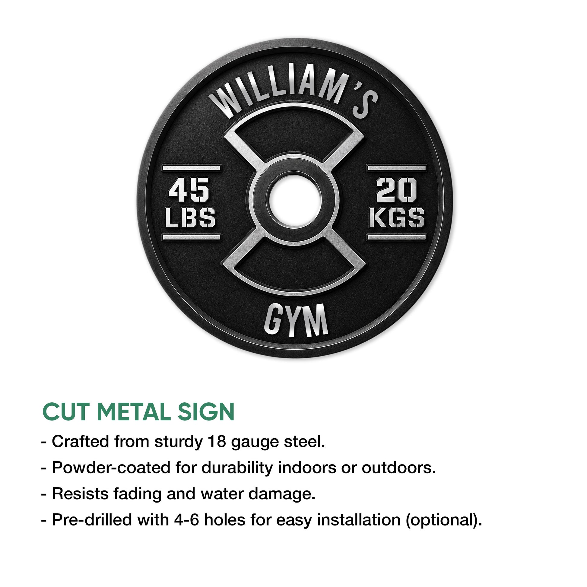 Gym weight plate sign shown with raised-style lettering, weight markings, and cut metal sign features