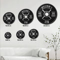 Gym weight plate metal sign size guide showing six available square size options