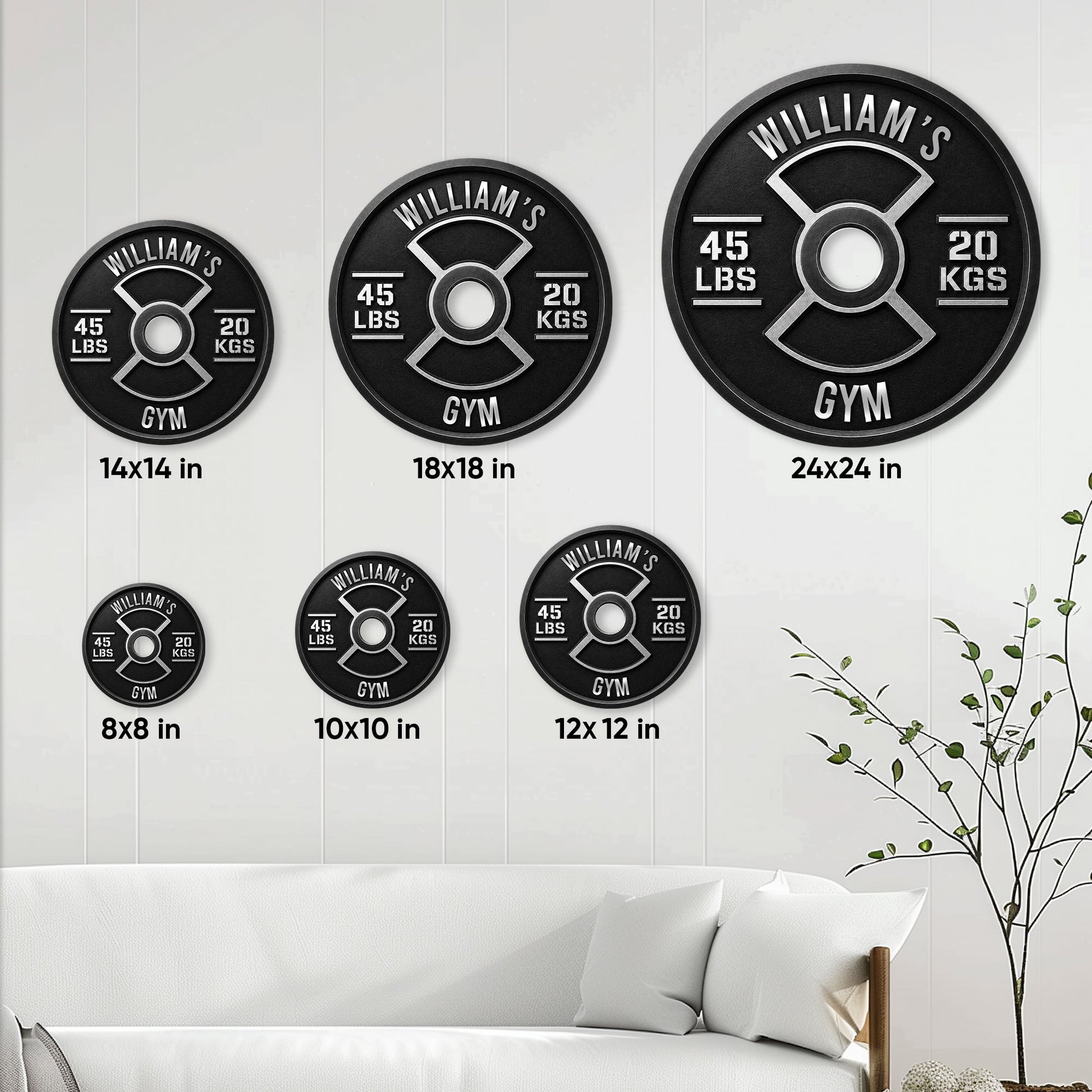Gym weight plate metal sign size guide showing six available square size options