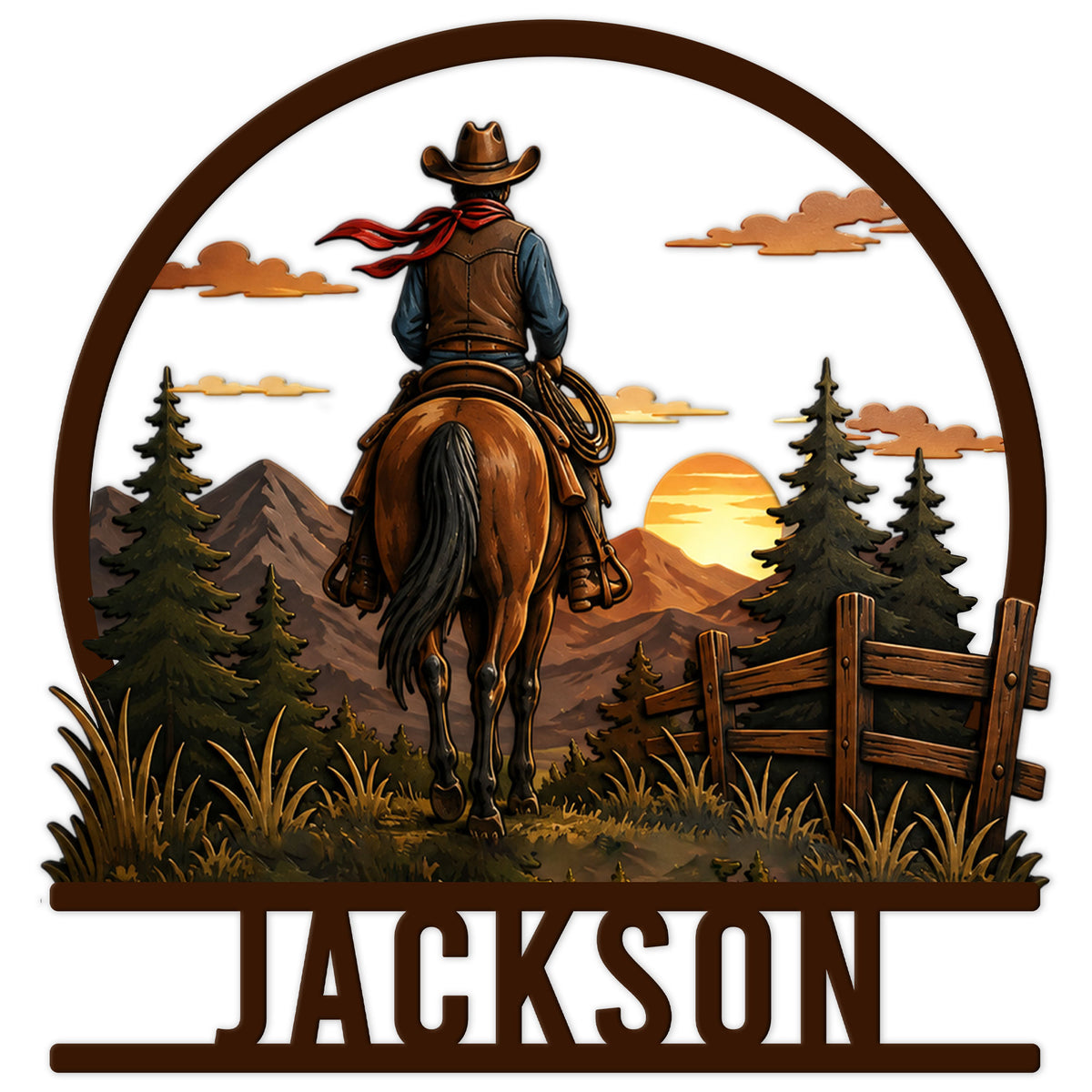 Western cowboy metal sign featuring a rider on horseback, mountain scenery, pine trees, sunset, and rustic fencing