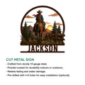Cowboy metal sign product graphic showing the western horseback rider design and available cut-metal sign features