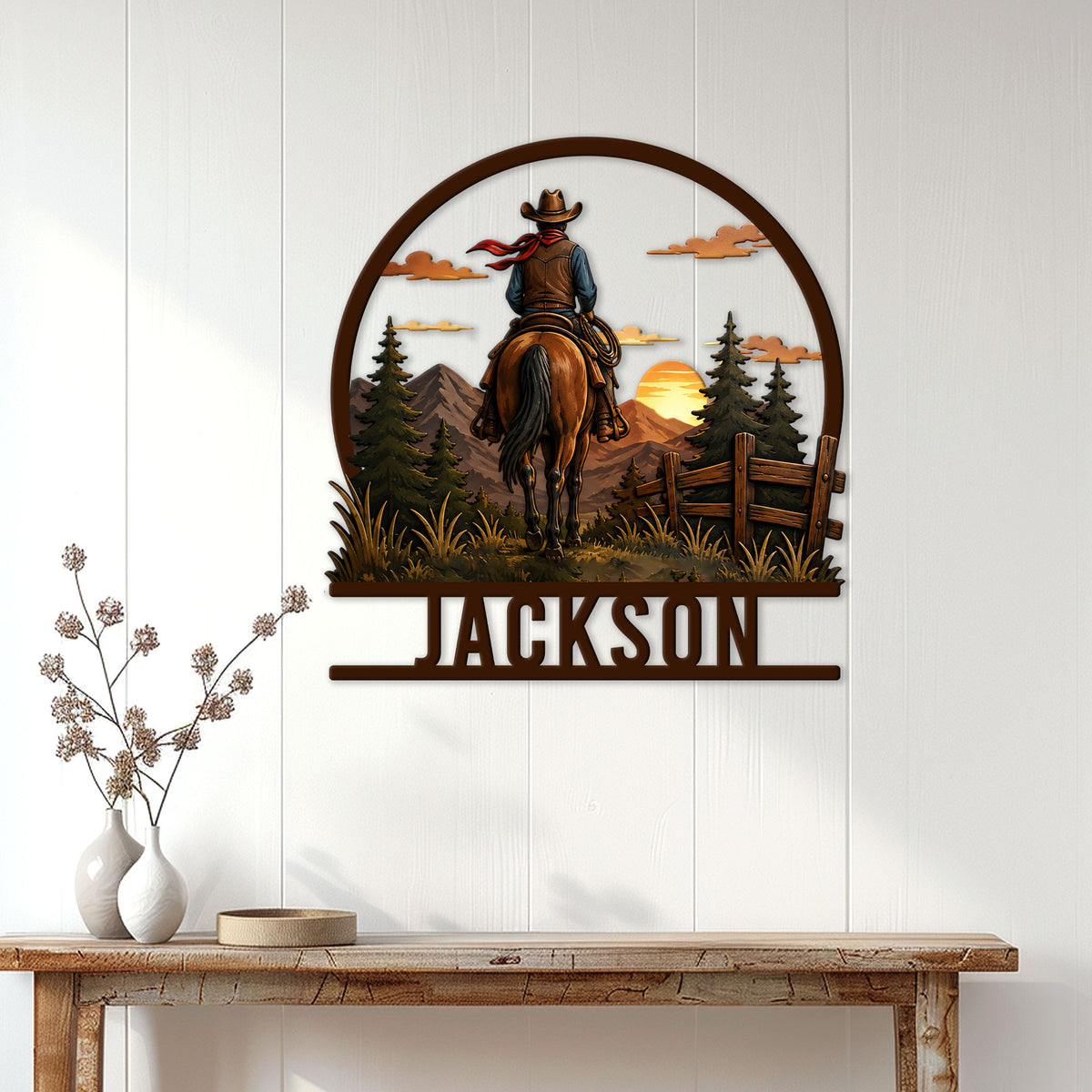 Western cowboy wall sign displayed above a console table in a bright farmhouse-style interior