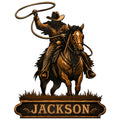 Cowboy roper riding a horse and swinging a lasso on a Western metal sign