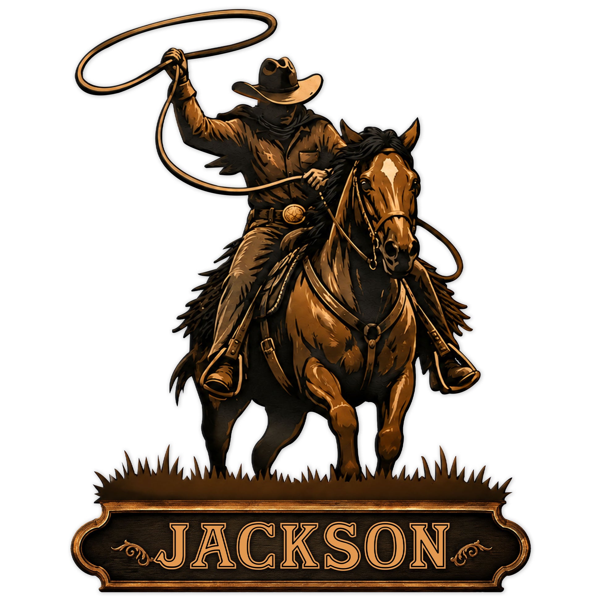 Cowboy roper riding a horse and swinging a lasso on a Western metal sign