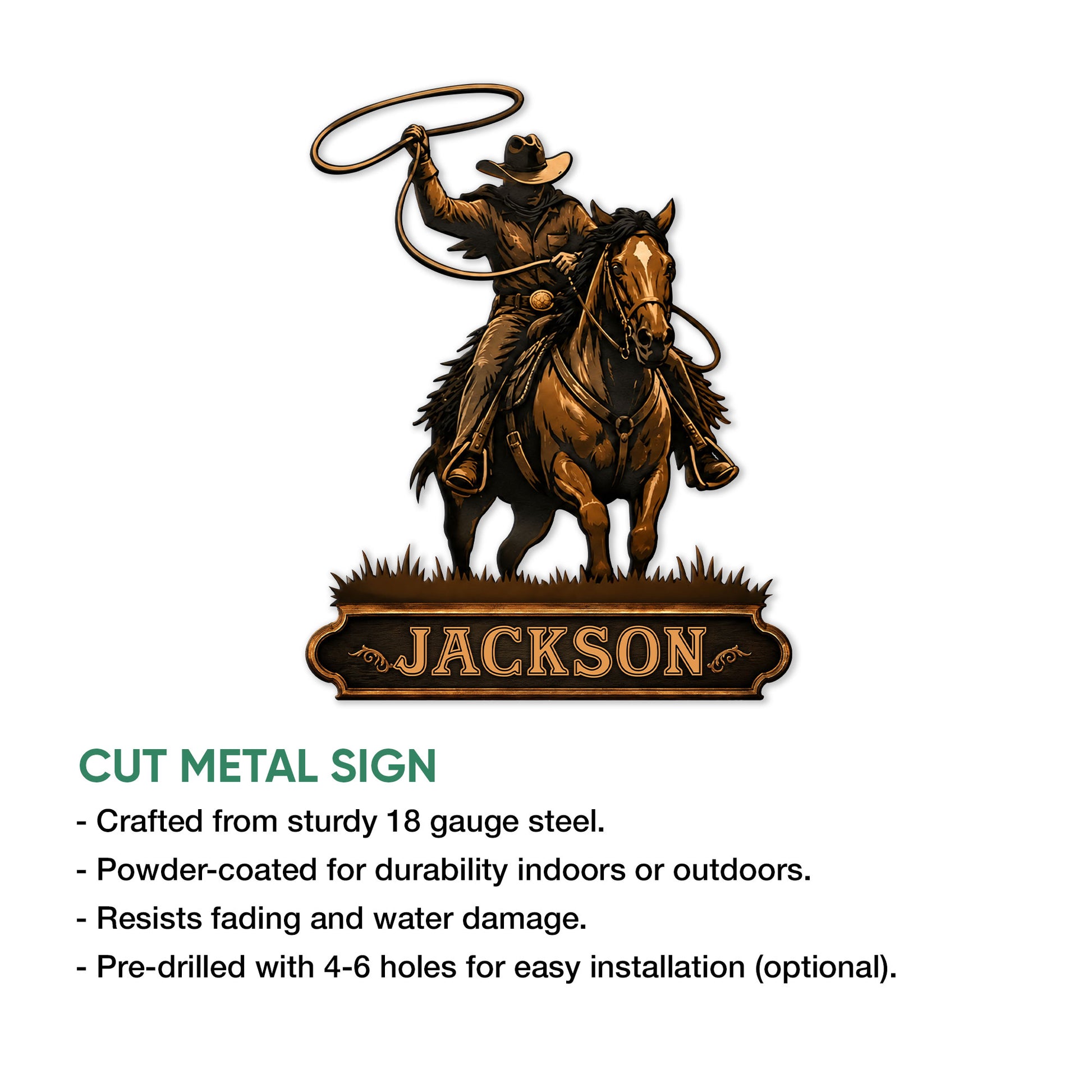 Cut metal cowboy sign featuring a mounted roper with a lasso and Western-style plaque
