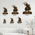 Western cowboy horse sign shown in multiple size options on a living room wall