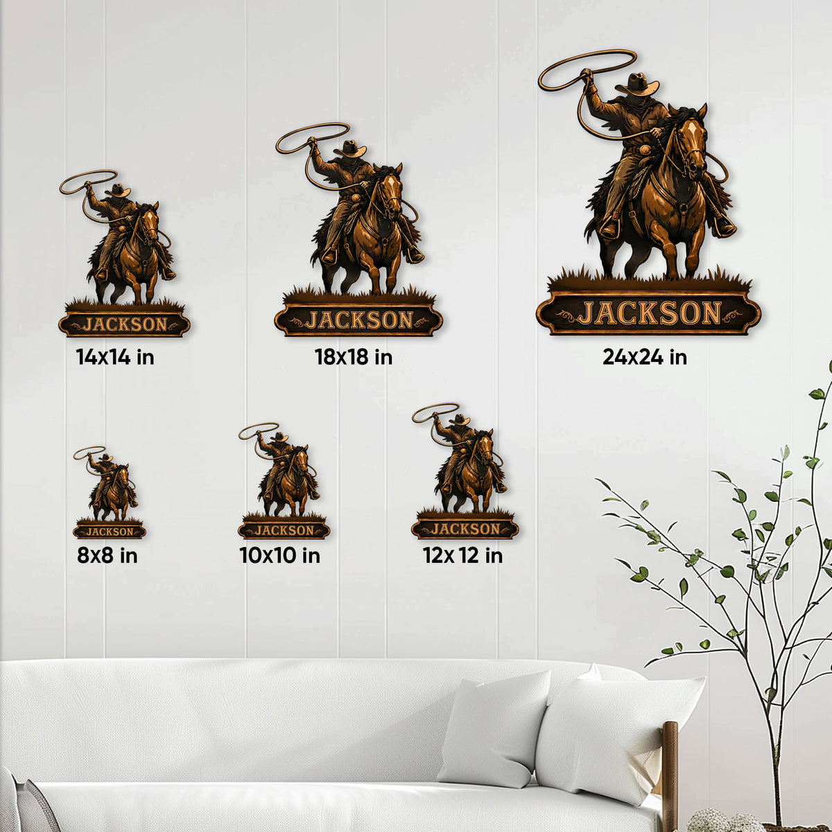 Western cowboy horse sign shown in multiple size options on a living room wall