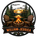 Custom camping metal sign featuring Adirondack chairs, a glowing campfire, pine forest, lake, and sunset mountains