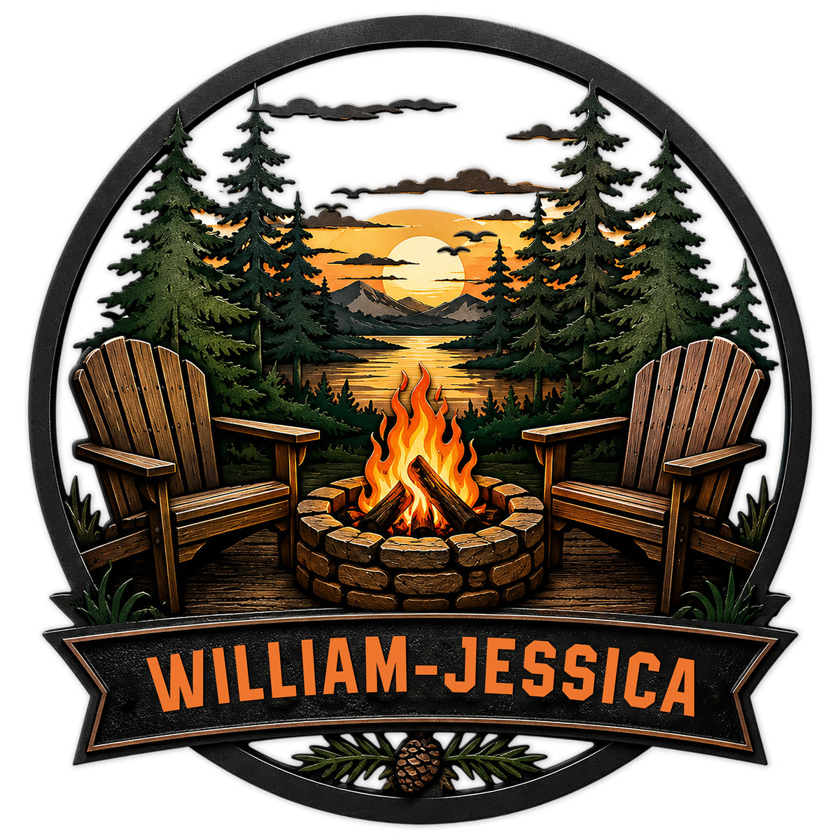 Custom camping metal sign featuring Adirondack chairs, a glowing campfire, pine forest, lake, and sunset mountains