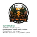 Camping metal sign feature graphic showing the campfire lake design and cut metal sign details