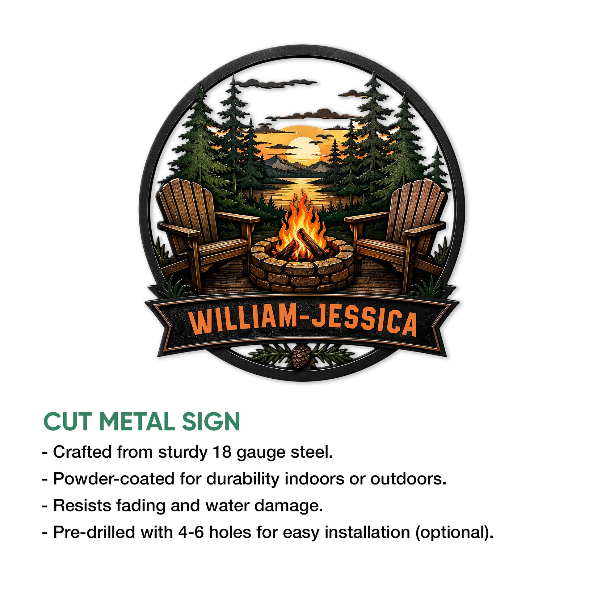 Camping metal sign feature graphic showing the campfire lake design and cut metal sign details