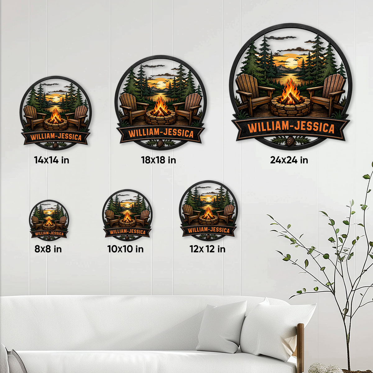 Camping metal sign size guide displaying six available square sizes from 8 by 8 to 24 by 24 inches