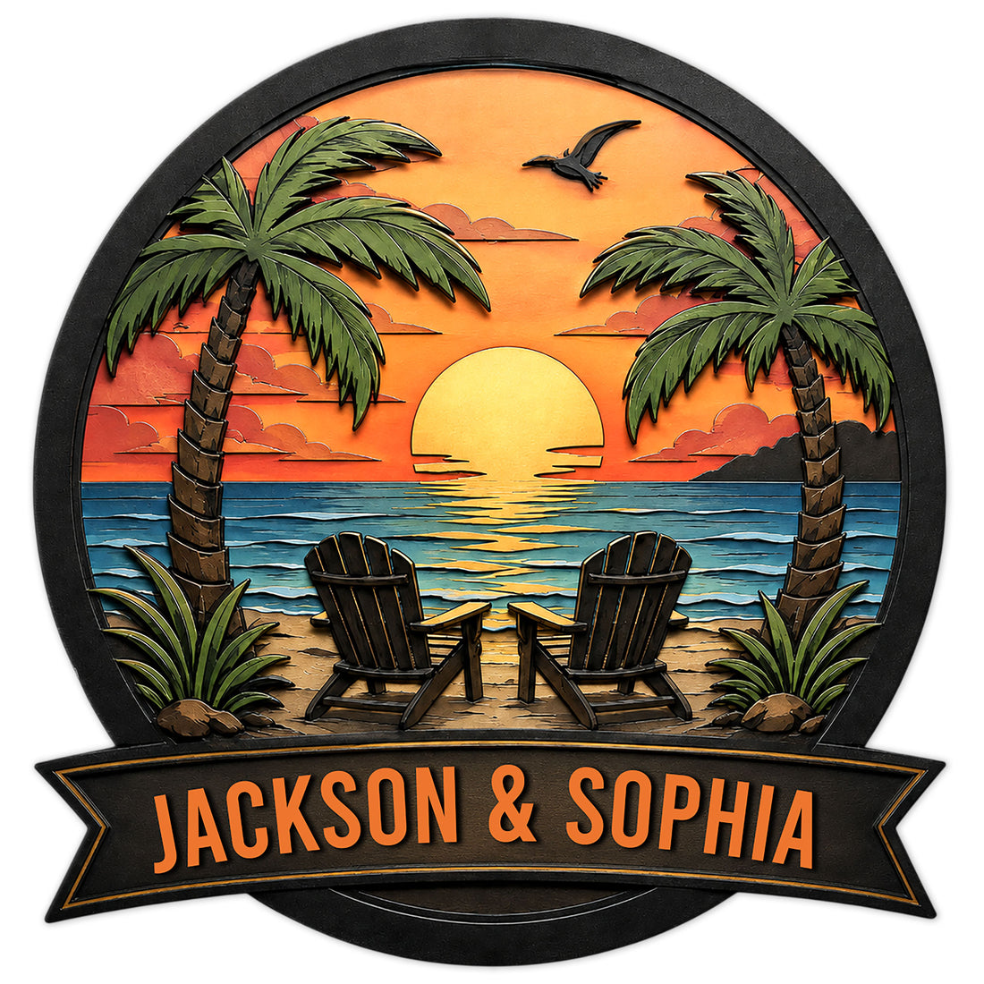 Custom beach house metal sign with tropical palms, sunset ocean view, and two Adirondack chairs
