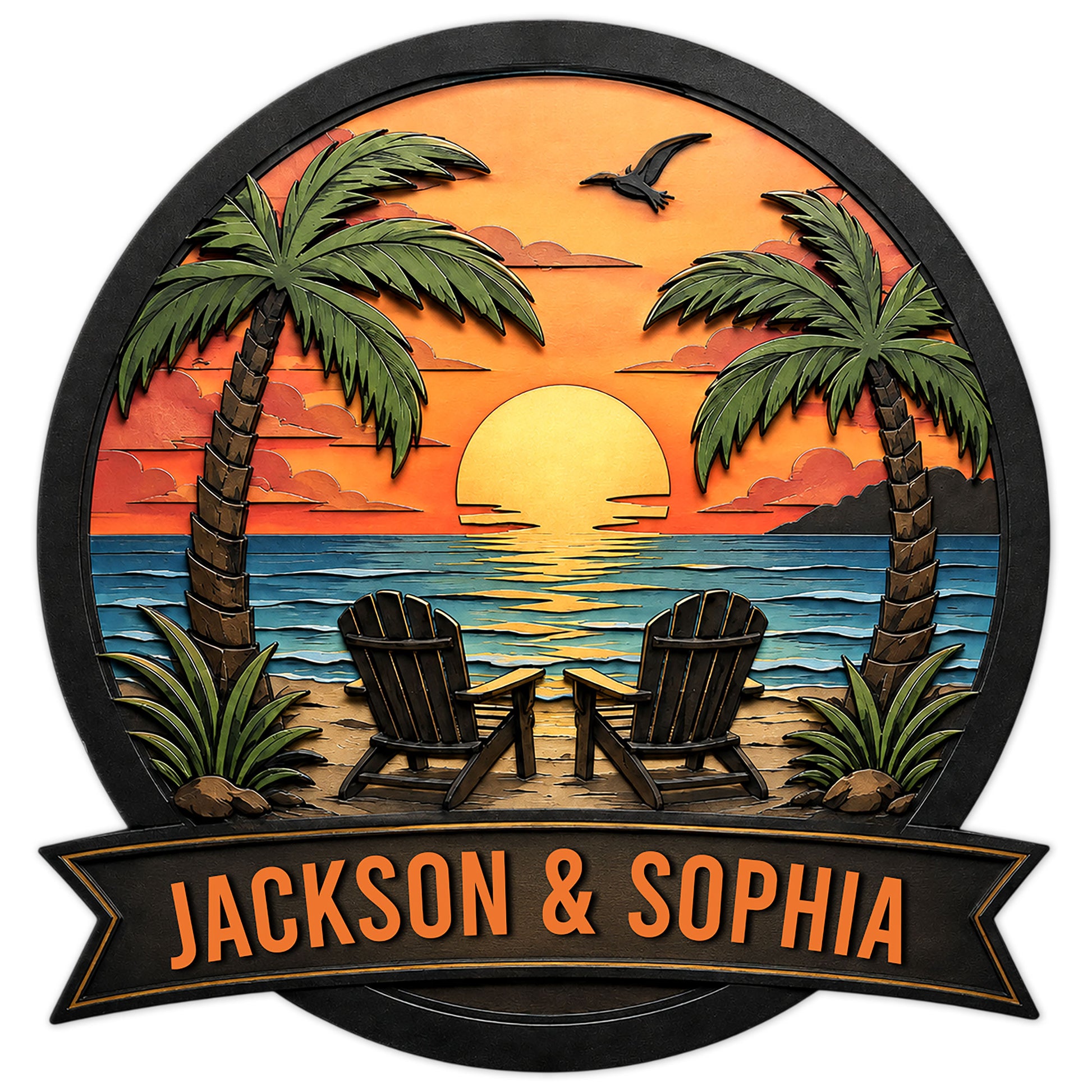 Custom beach house metal sign with tropical palms, sunset ocean view, and two Adirondack chairs