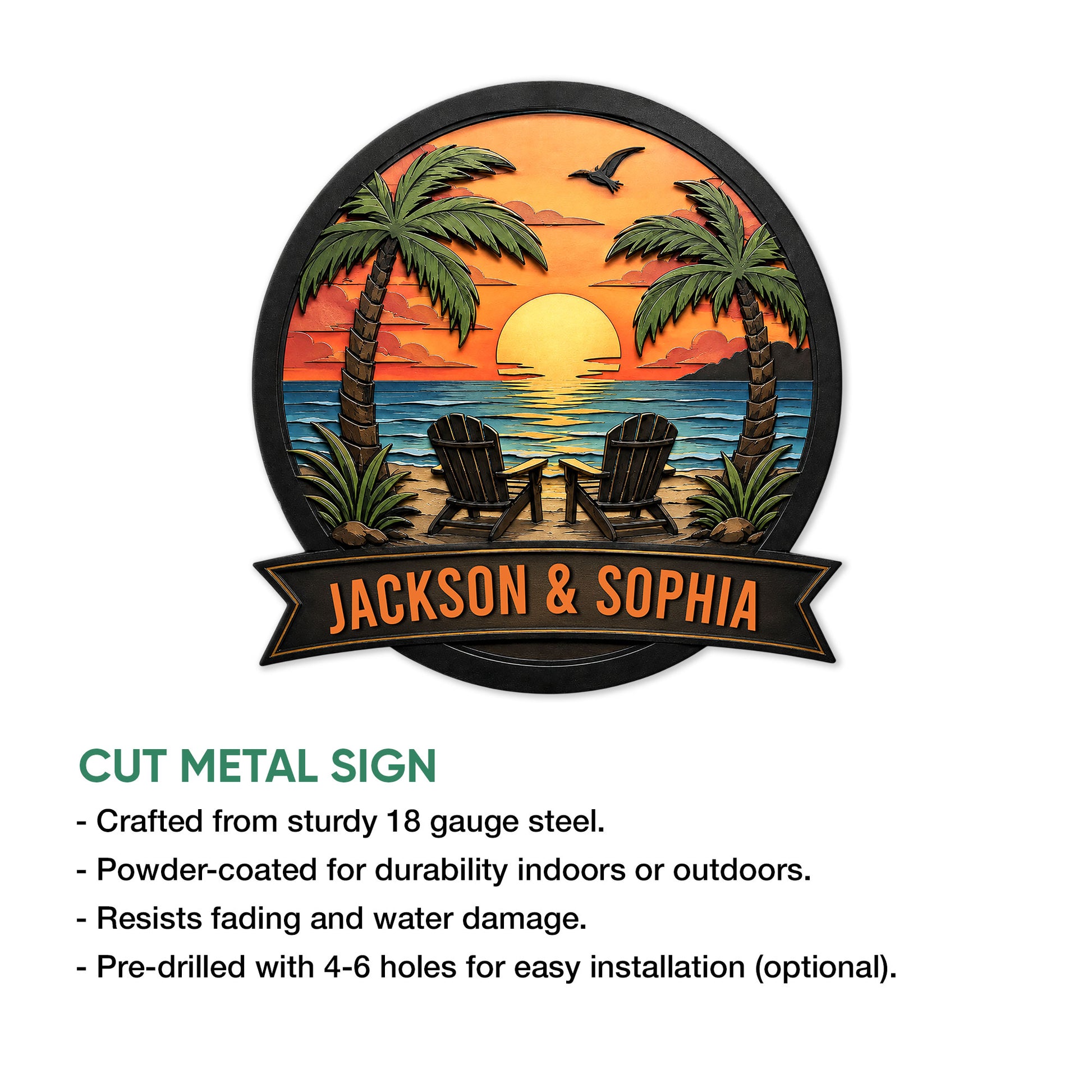 Beach house metal sign shown with a tropical sunset, palm trees, ocean waves, and Adirondack chairs