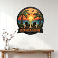 Tropical beach wall decor displayed on a white paneled wall above a console table