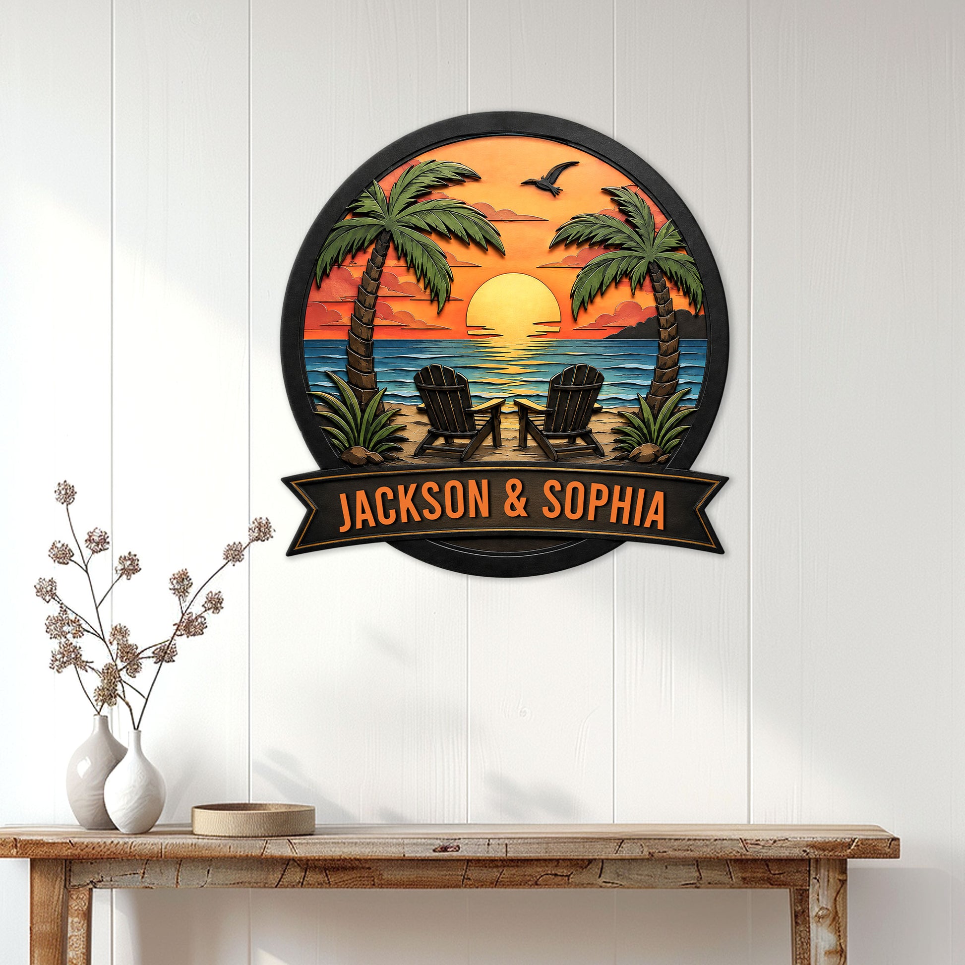 Tropical beach wall decor displayed on a white paneled wall above a console table