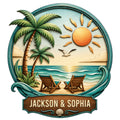 Custom beach house metal sign with palm trees, sunset, ocean waves, seagull, and two beach chairs