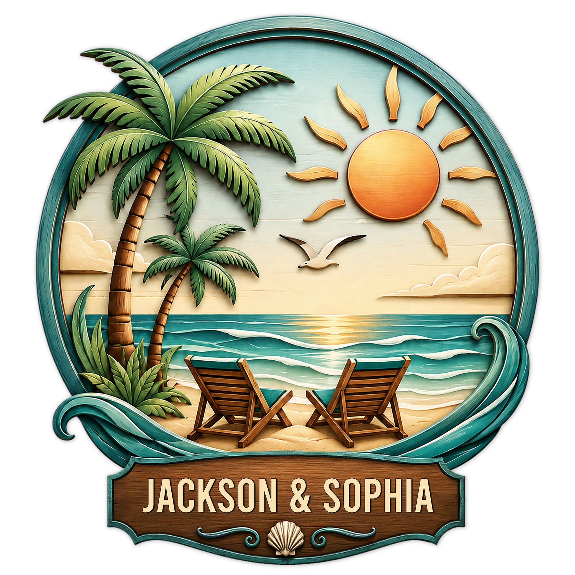 Custom beach house metal sign with palm trees, sunset, ocean waves, seagull, and two beach chairs