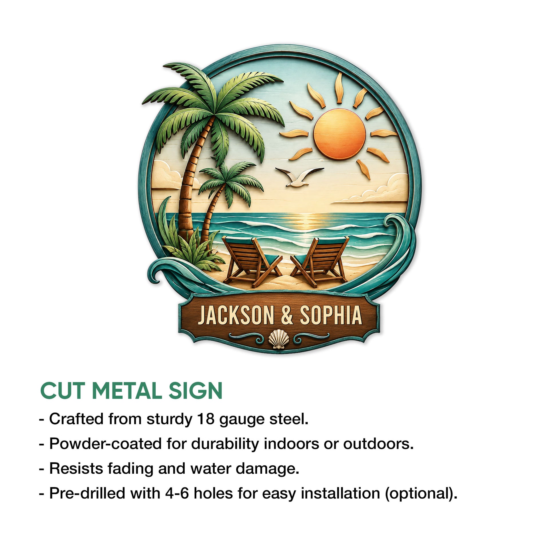 Tropical coastal metal sign featuring a beach sunset, palm trees, ocean waves, and a decorative shell accent