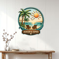 Beach house wall decor displayed on a light paneled wall above a console table in a coastal entryway