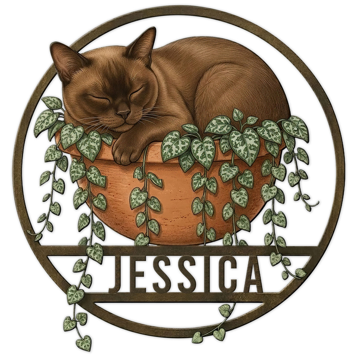 Custom Burmese cat metal sign featuring a sleeping brown cat in a planter with trailing vines