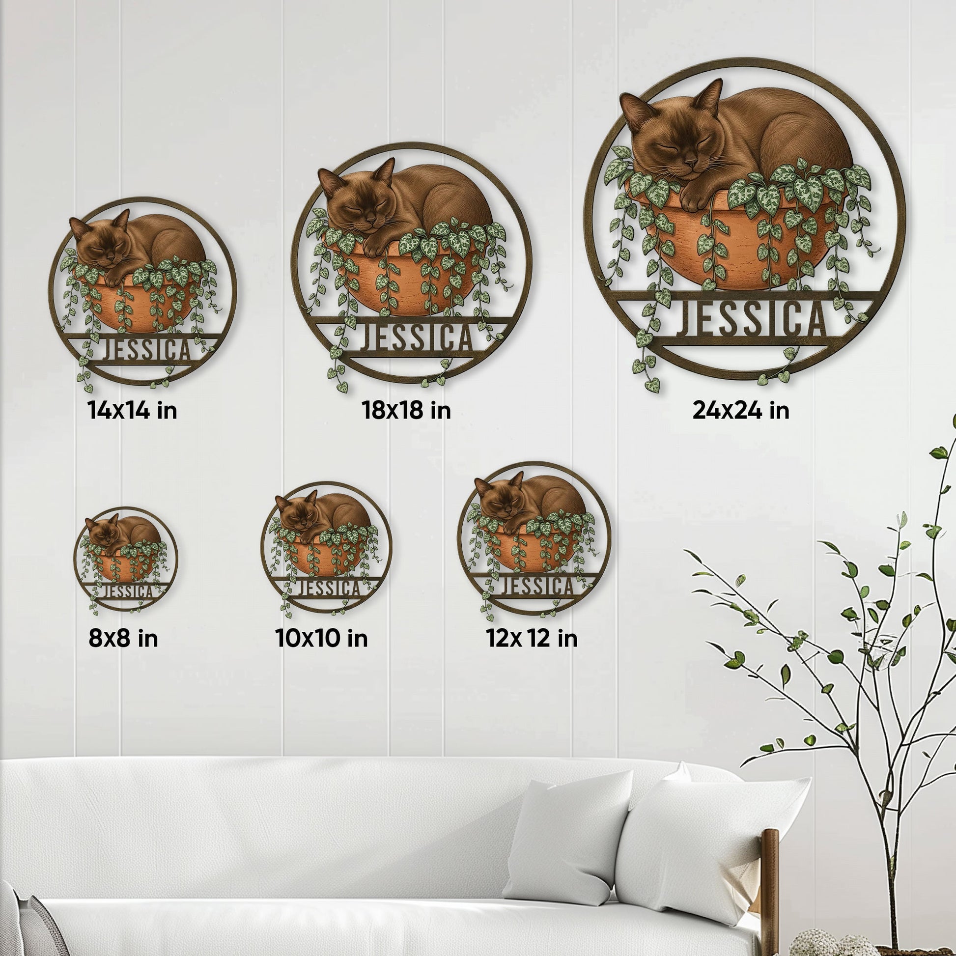 Burmese cat metal sign size guide showing six available square dimensions in a living room setting