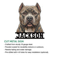 American Bully cut metal sign feature infographic showing the dog portrait design and installation options