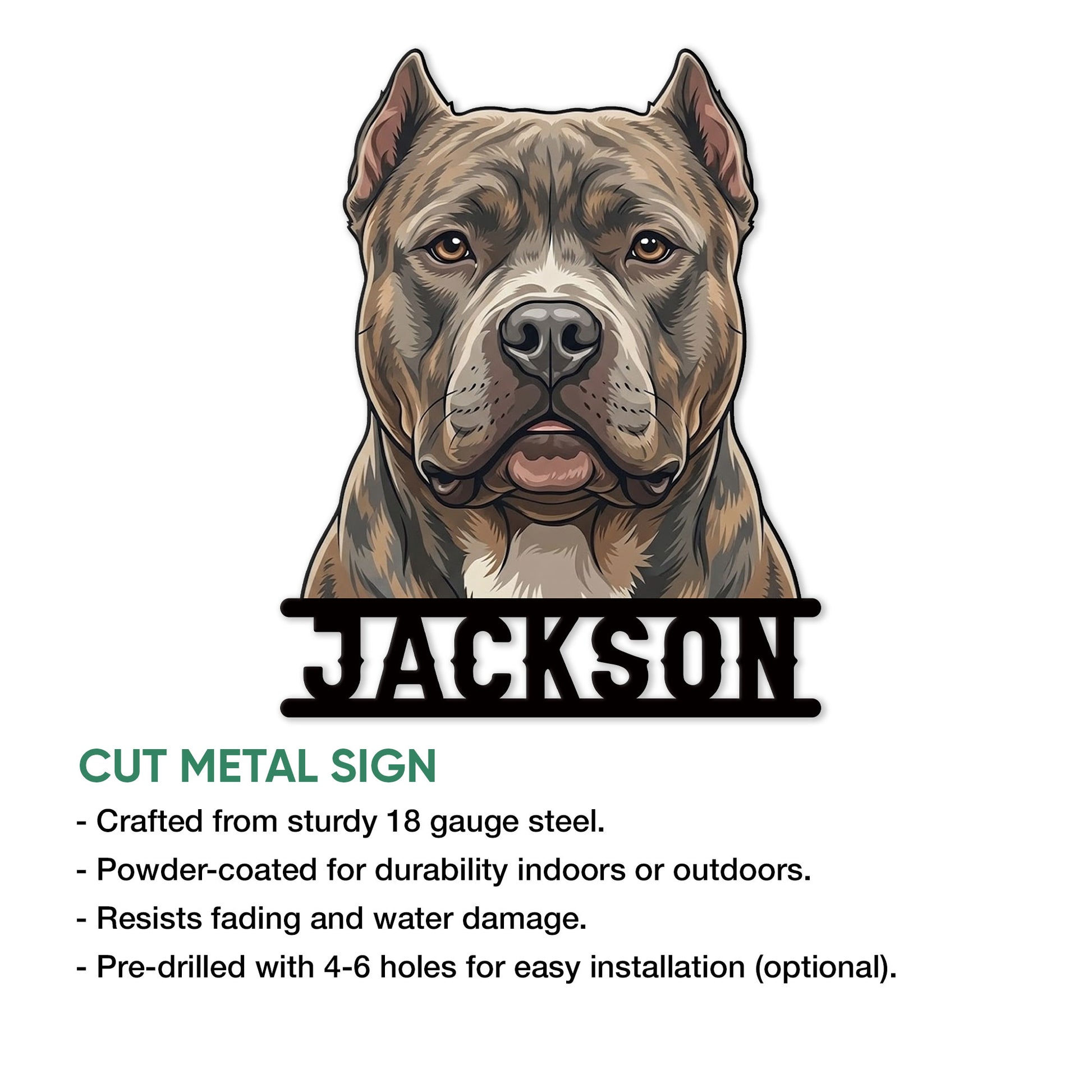 American Bully cut metal sign feature infographic showing the dog portrait design and installation options