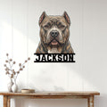 American Bully metal wall sign displayed on a light paneled wall above a console table