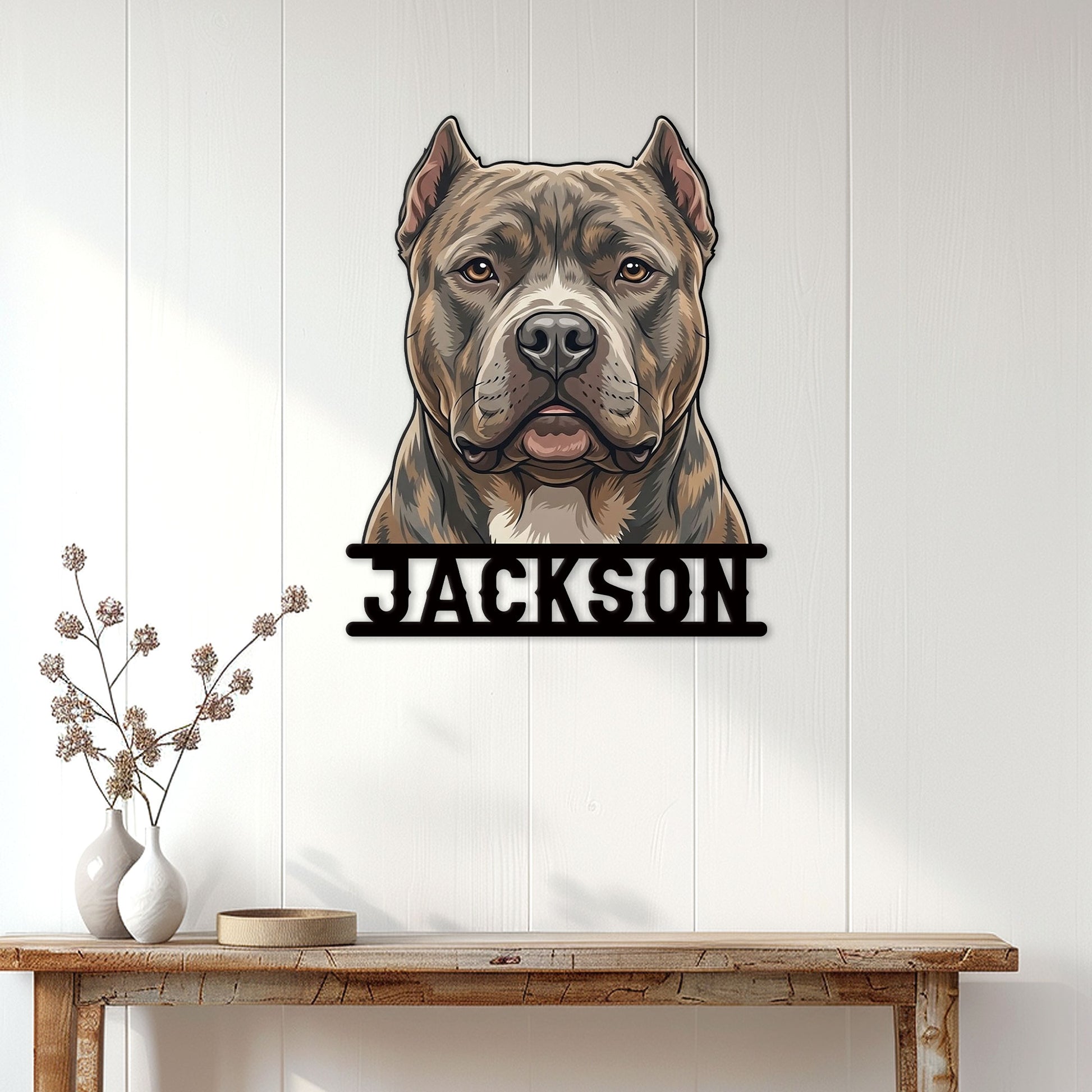American Bully metal wall sign displayed on a light paneled wall above a console table