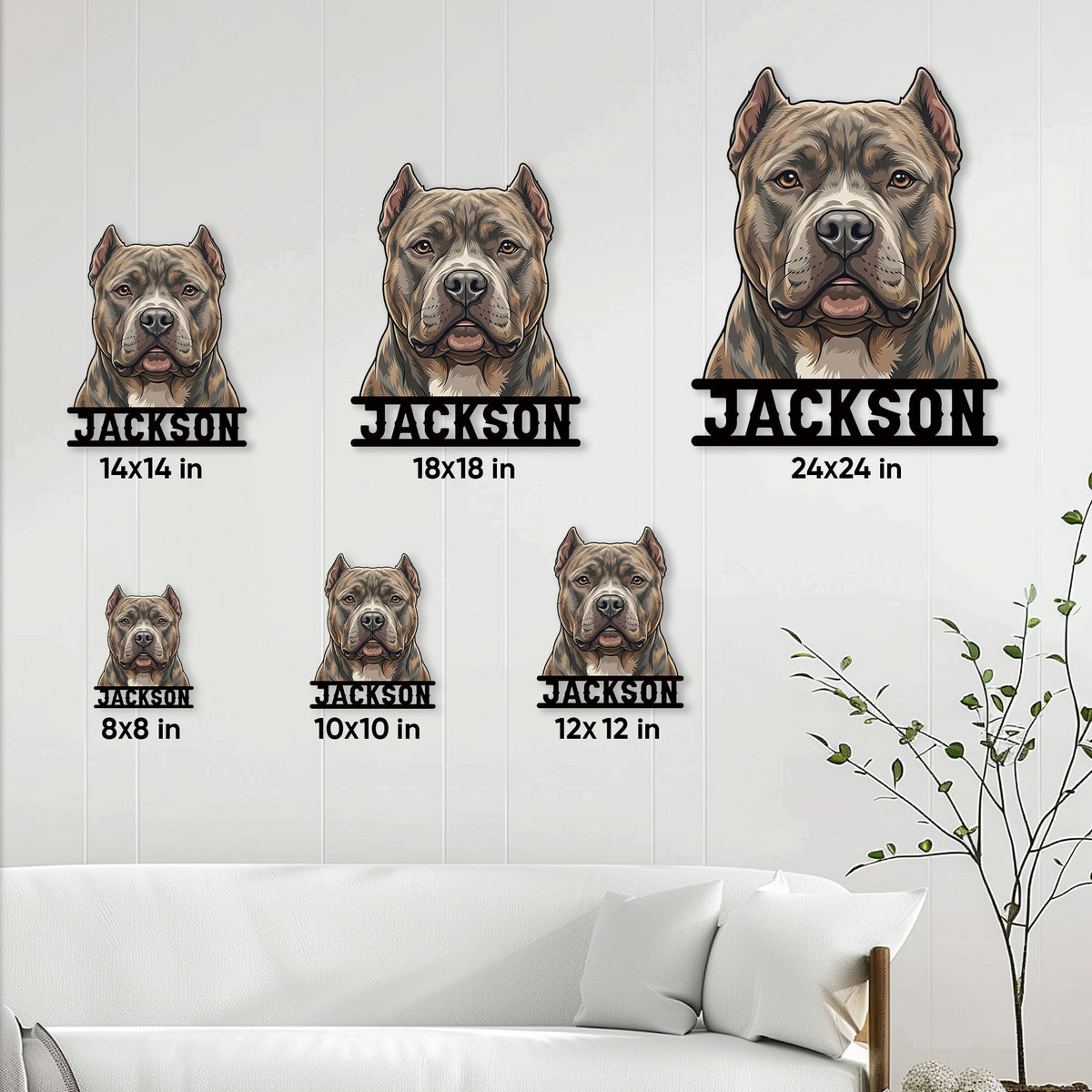 American Bully metal sign size guide showing multiple available square size options in a home setting