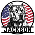 American Bully metal sign with a bold black-and-white dog portrait over a patriotic American flag backdrop