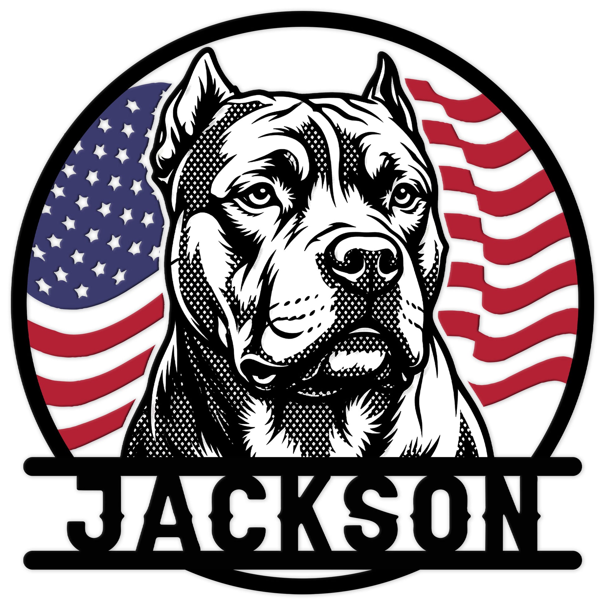 American Bully metal sign with a bold black-and-white dog portrait over a patriotic American flag backdrop