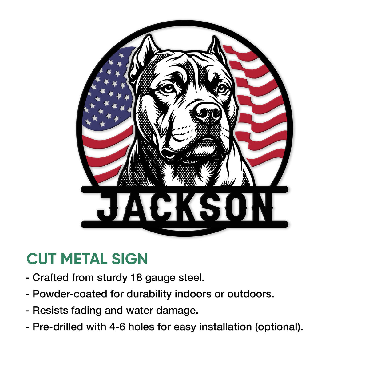 American Bully metal sign feature graphic showing cut steel construction and indoor or outdoor display guidance