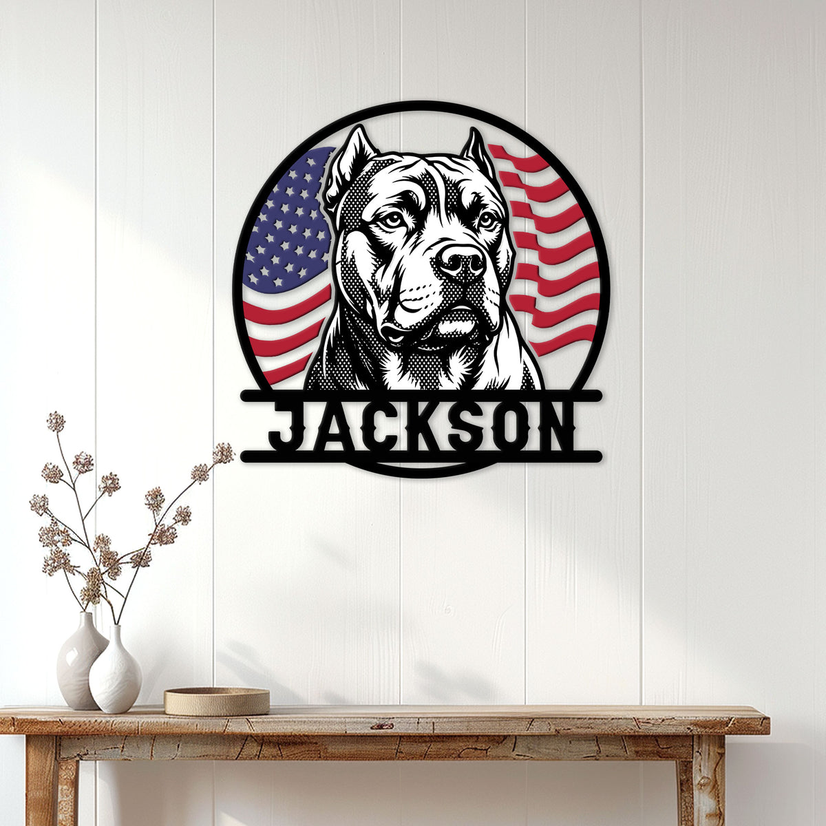 American Bully wall sign displayed on a white paneled wall above a rustic console table
