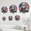 American Bully metal sign size guide showing multiple square size options displayed on a living room wall